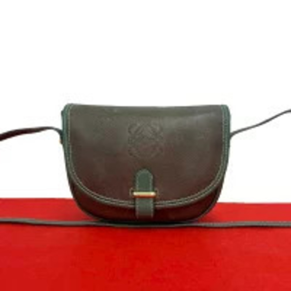 Loewe Anagram Leather Shoulder Bag Pouch Clutch Sacoche Brown Green